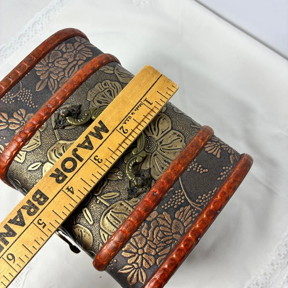 Treasure Chest Floral Embossed Wood Trunk Trinket Keepsake Box Rustic Cottage